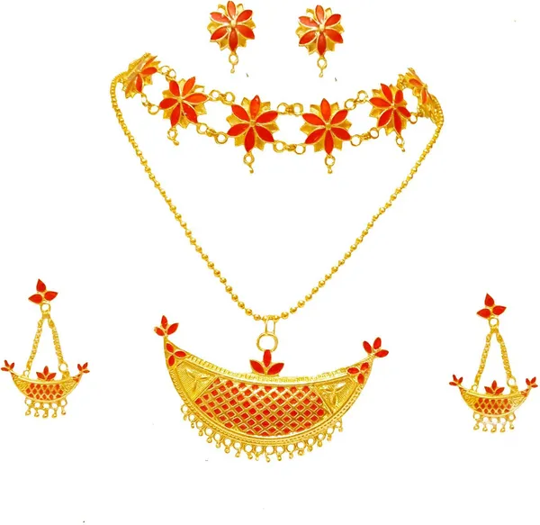 Assamese_Traditional_Gold_Plated_Red_Color_Minakari_Jewellery_Set_For_Women_&_Girls